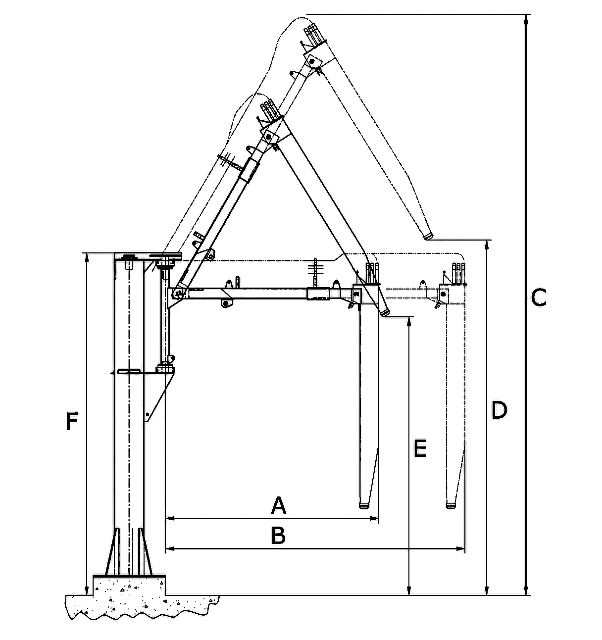 Diagrama que muestra las dimensiones A a F del calador
